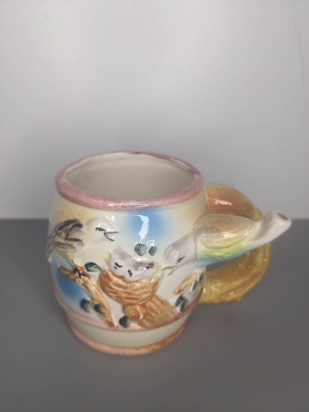 Bird Nest Mug Mid Century Hand Painted Ceramic Sculpted Bird Handle Japan 1950s